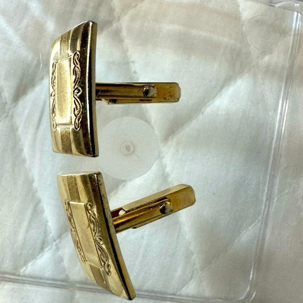 Mens Gold Tone Cufflinks Rectangle Unique Classic Vintage